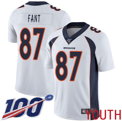 Youth Denver Broncos #87 Noah Fant White Vapor Untouchable Limited Player 100th Season Football NFL Jersey